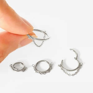 Créoles clicker en argent avec chaîne, 6 mm-12 mm 16 g, anneau de nez, bague en argent, cliquet de conque, boucle d'oreille hélix, cerceau articulé cartilage, cliquet de nez