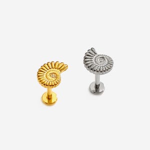 16G Titanium Sea Snail Internally Threaded Flat Back stud, Shell Conch earring, Cartilage flat back, Helix stud, Tragus stud, Minimalist