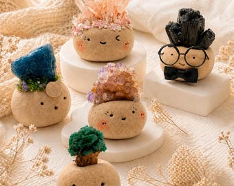 Rohkristallfiguren(5), lächelnde Steine, Schreibtisch-Haustier, Rohmineralien, Geoden, Kristallhandwerk, Kristallbohnen, Kristallhaustier, Kristalligel