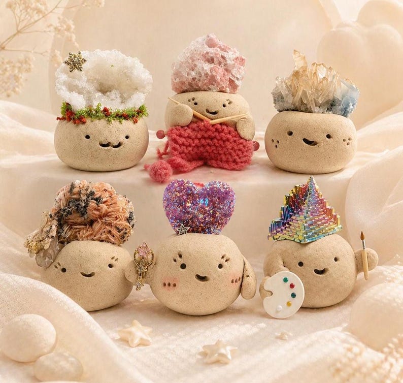 May include: A collection of whimsical, smiling stone figures, each adorned with unique decorative elements. One figure has a snowflake, another knits, and others feature crystals, a heart, and a painter's palette.