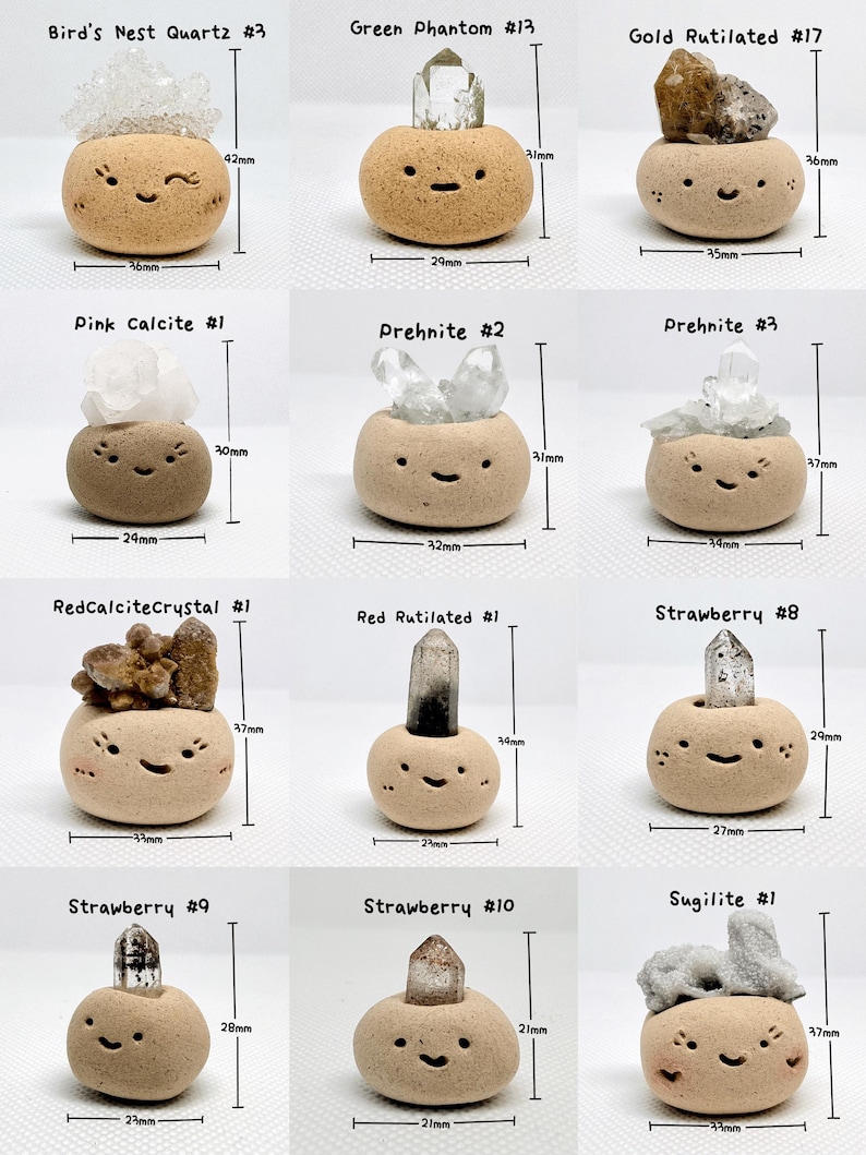 May include: A collection of small, tan ceramic pots, each with a smiling face and a different crystal formation. Measurements are provided in millimeters. The crystals vary in color, including clear, brown, and pink. The pots are labeled with crystal names and numbers.