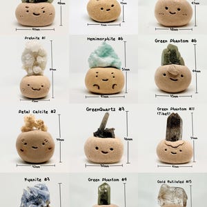 Puede incluir: Una colecci&oacute;n de doce figuras de arcilla color canela con caras sonrientes, cada una sosteniendo un esp&eacute;cimen de cristal &uacute;nico. Los cristales incluyen prehnita, cuarzo claro del Himalaya, cuarzo fantasma verde, hemimorfita, calcita p&eacute;talo, cianita y cuarzo rutilado dorado.