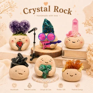 May include: A collection of whimsical, handcrafted "Crystal Rock" figurines. Each figurine features a unique crystal formation, such as amethyst, quartz, and citrine, atop a smiling, rounded base. The figurines are decorated with accessories like sunglasses and a miniature guitar.