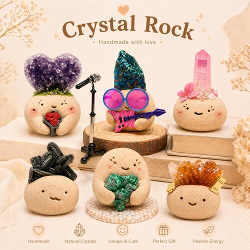 Handmade Crystal Rock Beans, Smiling Stone Desk Pets, Natural Minerals (2)