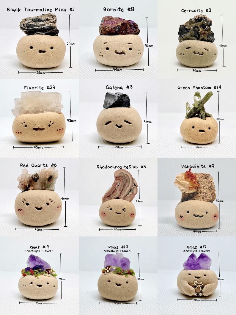 May include: A collection of whimsical, beige ceramic figures, each topped with a different type of mineral or crystal. Measurements in millimeters are included. The figures have smiling faces and are labeled with mineral names and numbers.