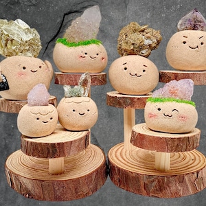 Könnte beinhalten: Eine Sammlung skurriler, handbemalter Keramikfiguren mit lächelnden Gesichtern, die jeweils mit einem anderen Kristall oder Mineral gekrönt sind. Die Figuren werden auf rustikalen Holzständern präsentiert, was eine charmante Dekoration ergibt.