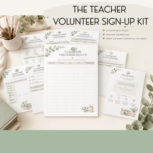 Peut inclure: Un kit d'inscription pour bénévoles enseignants comprenant plusieurs pages imprimables avec des illustrations de feuilles d'eucalyptus et de livres. Les documents incluent des formulaires pour les bénévoles et des aides.