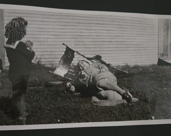 Grandma Falls Breaks the Chair Funny antique photo 5 x 3.5