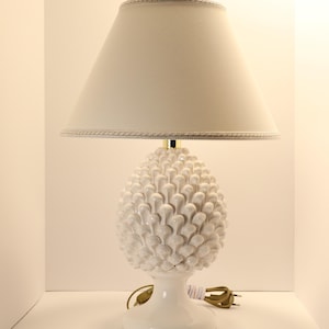 White Pine Cone Lamp Handmade Caltagirone – Ceramic Table Lamp with Embroidered Hood