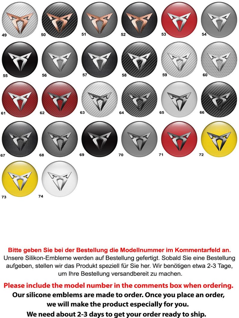 May include: A collection of 26 silicone emblem designs, each featuring a stylized emblem in various colors and textures, set against a circular background. The designs include metallic, carbon fiber, and solid color options.