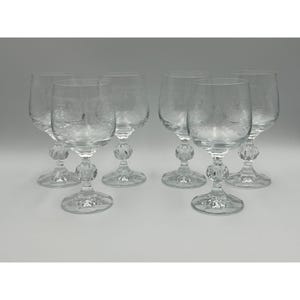 Four (4) Bohemian Crystal Cascade Wine Goblet Etched Clear Diamond Cut Ball Stem