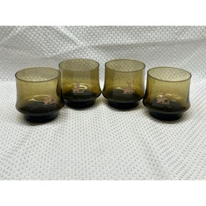Set Of Four (4) Libbey Tawny Impromptu Smoke Brown Glass Tumblers Deer Motif
