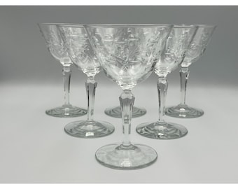 Six (6) Vintage Libbey Christine Pattern Floral Etched Liquor Cocktail Glasses
