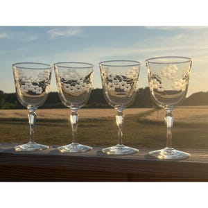 May include: Four clear wine glasses with etched grape cluster designs. The glasses have a slender stem and a wide base. The background shows a field and a blue sky.