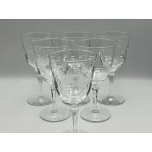 Six (6) Vintage Libbey Christine Pattern Floral Etched Wine Glasses