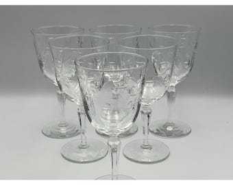 Seis (6) copas de vino vintage Libbey Christine con estampado floral grabado