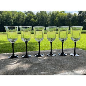 Six (6) Vintage Arcoroc Luminarc Octime Black Stem Wine Glass Flare Top France
