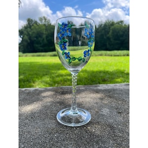 One (1) Hand Painted Blue Floral Twisted Stem Wine Glass