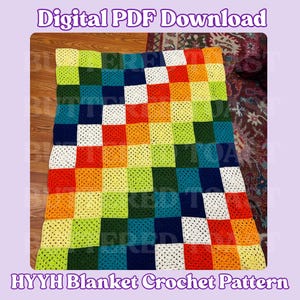 Puede incluir: Una colorida manta de ganchillo con un diseño de patchwork. La manta presenta una cuadrícula de cuadrados en varios colores, incluyendo rojo, naranja, amarillo, verde, azul y blanco. El texto "Digital PDF Download" y "HYYH Blanket Crochet Pattern" son visibles.