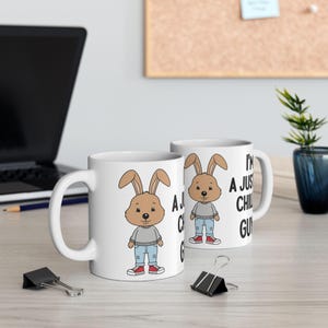 Chill Guy Ceramic Mug, Cartoon Animal Character Coffee Cup, Funny Bunny Ear Rabbit Graphic Tea Mug, Casual Guy Quote Cup, White Porcelain