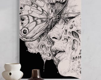 May include: Black and white art print featuring a surreal illustration of a human face merging with a butterfly. The detailed artwork showcases intricate linework and a contrast between light and dark areas, creating a striking visual effect.