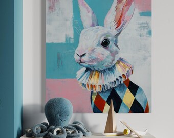 Whimsical Harlequin Rabbit Print – Circus Animal Nursery Art (Digital Download)
