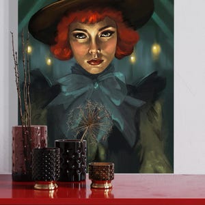 De leider - DIGITALE PRINT | Kunst met hoge hoed voor circusvrouw | Figuratieve humeurige artiestillustratie | DOWNLOADBAAR Magisch wanddecor