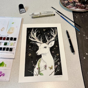 Whisper of the Wind – ORIGINAL A4 WATERCOLOUR PAINTING | Hand-Painted Forest Deer Artwork | Mystical Nature Spirit Wall Art | Woodland Decor