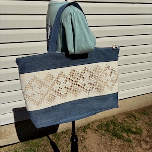 Upcycled Denim Tote Bag: Large Shoulder Bag with Lace