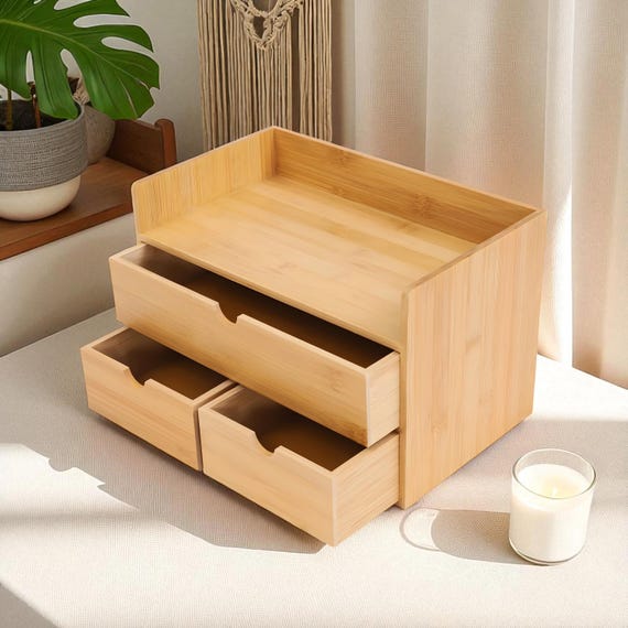 Bamboo Desk Organizer With 2 Drawers - No Assembly Required, 12.99x7.48x8.26 Inch Tabletop Storage Box
