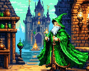 緑の魔法使いと城 | ファンタジーピクセルアートクロスステッチパターン | RPG刺繍PDF | カウントチャートの即時ダウンロード