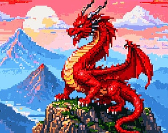 Dragon on the Mountain | Fantasy Pixel Art Cross Stitch Pattern | RPG Embroidery PDF | Counted Chart Instant Download