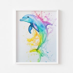 Rainbow Dolphin Digital Art, Colourful Ocean Animal Wall Print, Joyful Sea Life Poster, Dreamy Watercolour Dolphin, Instant Download, luxury
