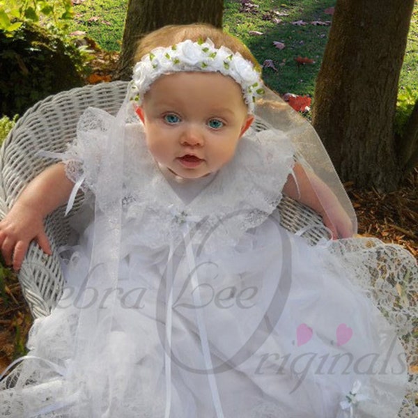 Christening Gown girl  Mary Baby Girl White   Christening Dress /Blessing Dress / Blessing Gown Sheer christening gown with lace and ribbon.