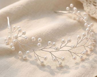 Pearl Bridal Headpiece • Silver Wedding Hair Vine • Delicate Pearl Headband