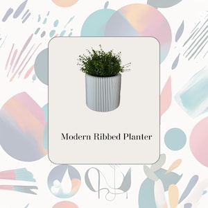 May include: A white ribbed planter with a green plant inside. The planter is modern and minimalist in design.  Modern Ribbed Planter.