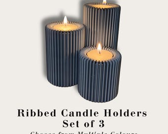 Ribbed Tealight Candle Holders – Set of 3, Mid-Century Modern Home Decor