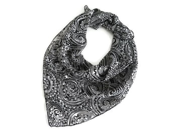 Black and White Square Fashion Multi Use 28" Sq. Scarf White and Black Swirl Floral Print Versatile Neckerchief, Head Scarf, or Purse Tie