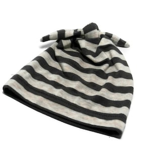 Modern Top Knot Baby Cap | Striped Baby Hat |  Pull-On Newborn Baby Hat |  Super Soft Infant Hat | Gray and Oatmeal Stripe Stretchy Baby Hat