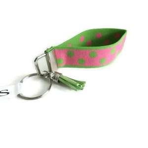 Wrist Key Holder w/Snap Clip Option. Pink w/Green Dots Stretchy Key Fob. Size SM Bracelet style Key Organizer. Lime Green & Pink Key Fob image 4