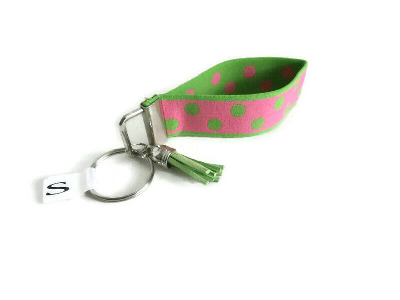 Wrist Key Holder w/Snap Clip Option. Pink w/Green Dots Stretchy Key Fob. Size SM Bracelet style Key Organizer. Lime Green & Pink Key Fob afbeelding 4