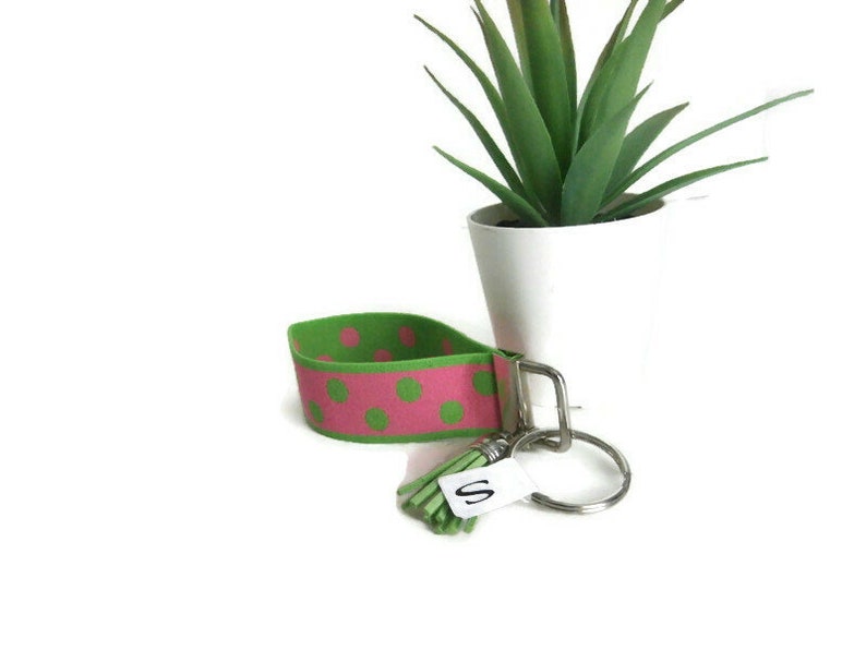 Wrist Key Holder w/Snap Clip Option. Pink w/Green Dots Stretchy Key Fob. Size SM Bracelet style Key Organizer. Lime Green & Pink Key Fob image 10