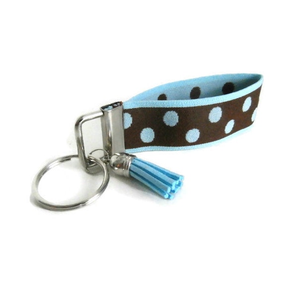 Wrist Key Fob with Stretch Size Small Brown w/Light Blue Dots Wristlet Keychain Holder Stretchy Bracelet Style Sky Blue and Brown Keyholder