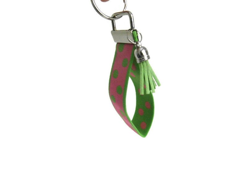 Wrist Key Holder w/Snap Clip Option. Pink w/Green Dots Stretchy Key Fob. Size SM Bracelet style Key Organizer. Lime Green & Pink Key Fob afbeelding 3