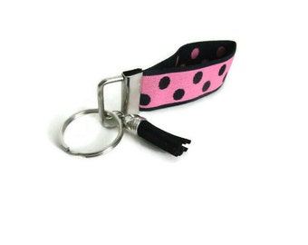Key Fob Pink w/ Navy Blue Dots | Stretchy Wrist Key Holder | Best Key Fob | Navy & Pink Easy On Easy Off Keyholder | Wristlet Key Organizer