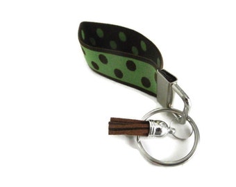 Stretchy Key Fob w/Snap Clip Option, Wrist Key Holder Lime Green with Brown Dots, Favorite Elastic Key Organizer Bracelet Style Fob Size SM