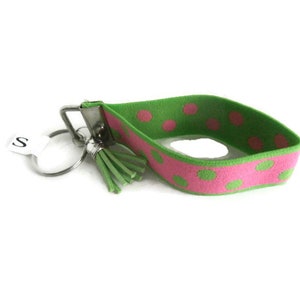 Wrist Key Holder w/Snap Clip Option. Pink w/Green Dots Stretchy Key Fob. Size SM Bracelet style Key Organizer. Lime Green & Pink Key Fob image 9