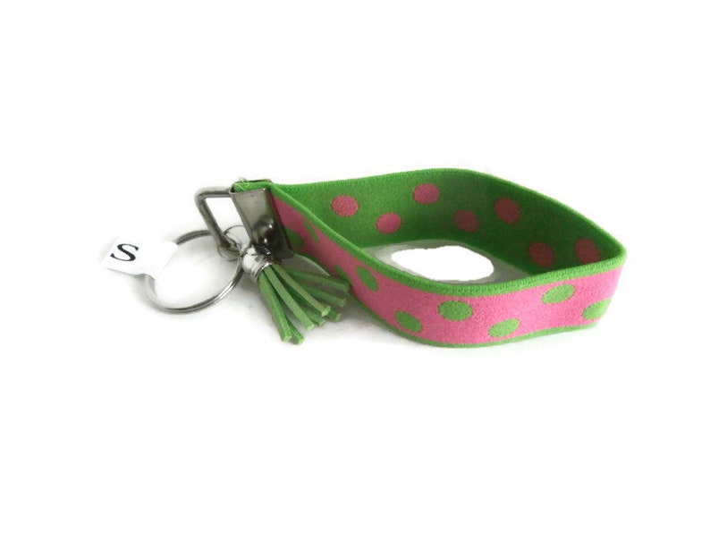 Wrist Key Holder w/Snap Clip Option. Pink w/Green Dots Stretchy Key Fob. Size SM Bracelet style Key Organizer. Lime Green & Pink Key Fob afbeelding 9