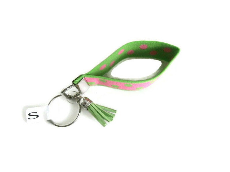 Wrist Key Holder w/Snap Clip Option. Pink w/Green Dots Stretchy Key Fob. Size SM Bracelet style Key Organizer. Lime Green & Pink Key Fob image 6