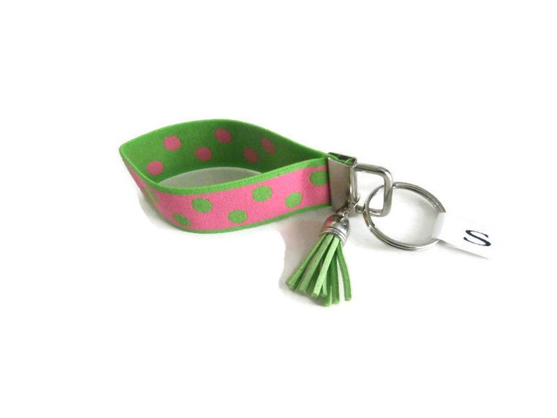 Wrist Key Holder w/Snap Clip Option. Pink w/Green Dots Stretchy Key Fob. Size SM Bracelet style Key Organizer. Lime Green & Pink Key Fob image 1